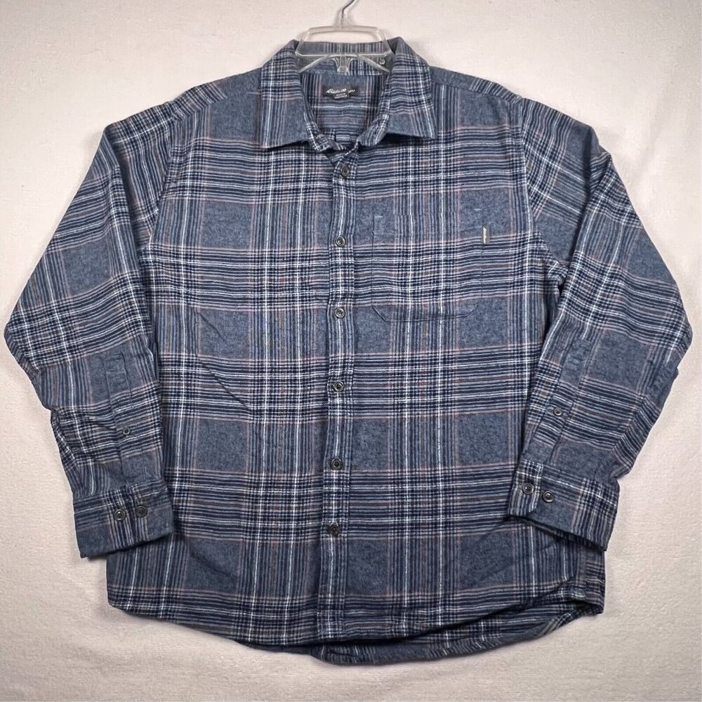 Eddie Bauer Men's XL 100% Cotton Warm Brushed Twill Flannel Shirt‎ Blue Plaid